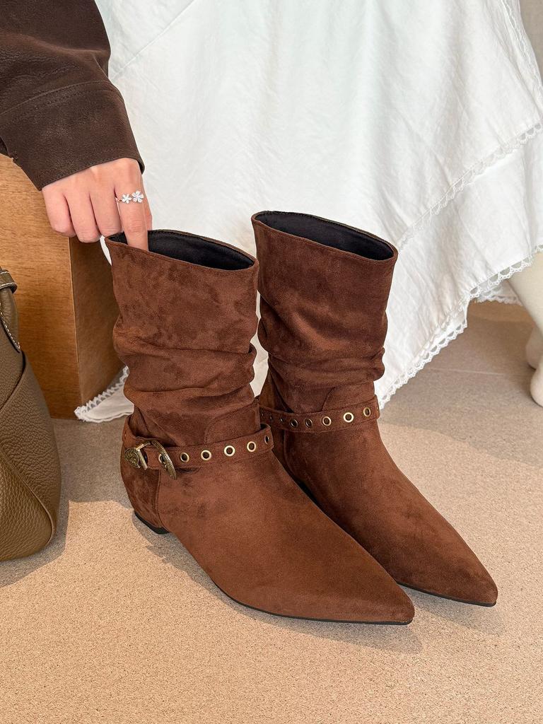 Retro Thick Heel Two Wear Pointed Knight Boots Women's 2025 Autumn and Winter New Suede Belt Buckle Versatile and Thin Boots