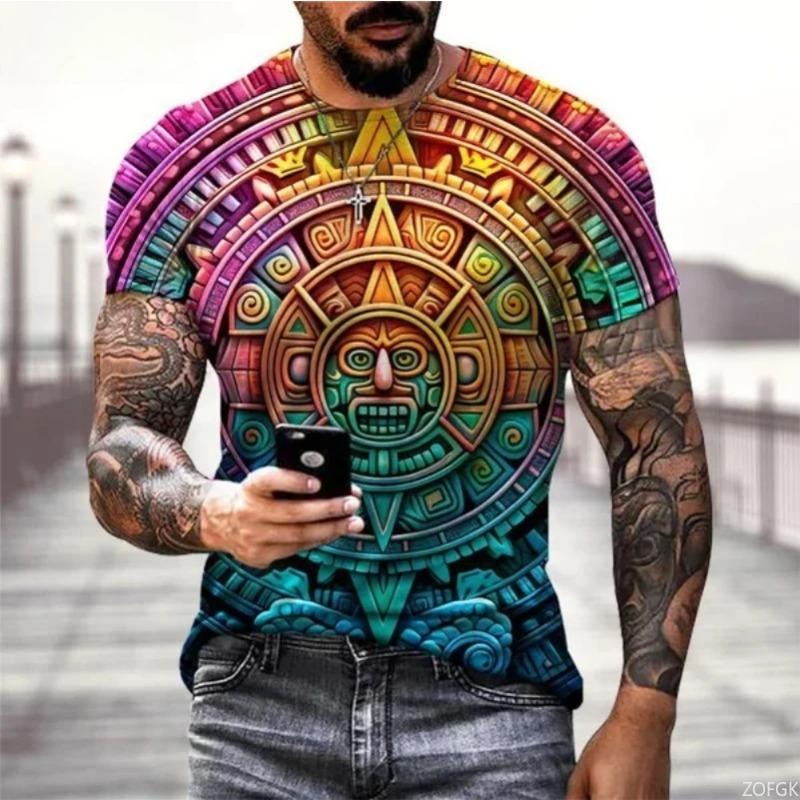 Summer Round Neck Aztec Calendar Graphic 3D Print Top Fashionable Casual Short Sleeved Men's T-shirts