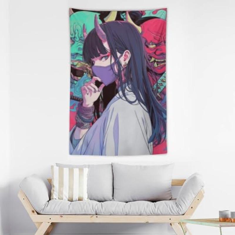 Vaporwave Samurai Anime Girl Tapestry  Unisex Wall Hanging Decor for Bedroom  Living Room