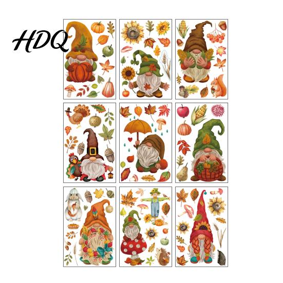 Office Glass Partition Decorations 9Pcs Fall Gnome Static Window Clings Thanksgiving Maple Leaf Turkey Pumpkin Autumn Decals PVC Stickers,