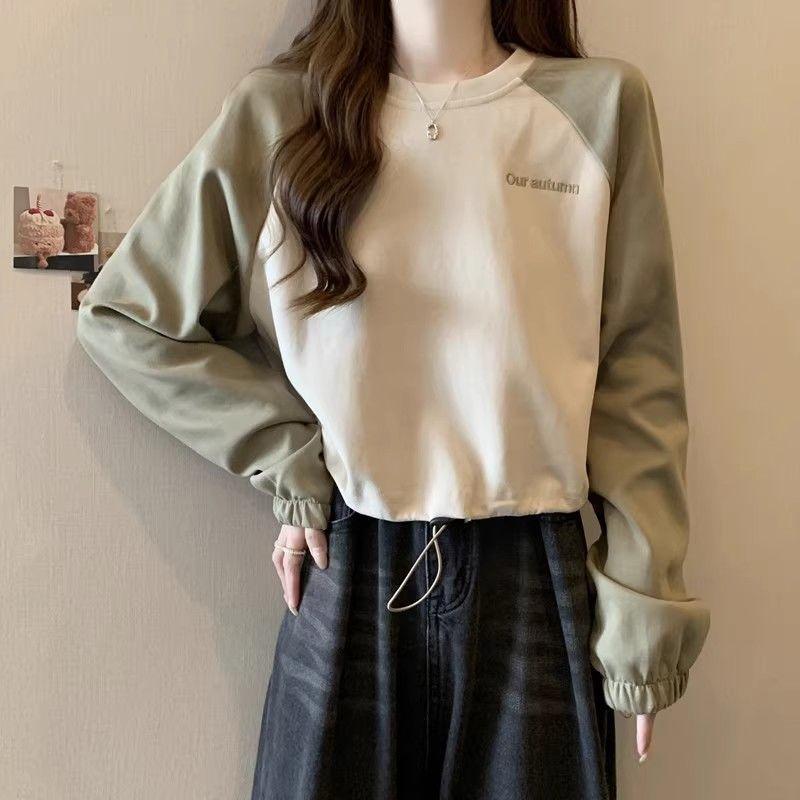 Amerikanisches Retro Raboss Ärmel Sweatshirt Damen Herbst Winter Neu Locker Kontrast Kordelzug Kurzes Oberteil