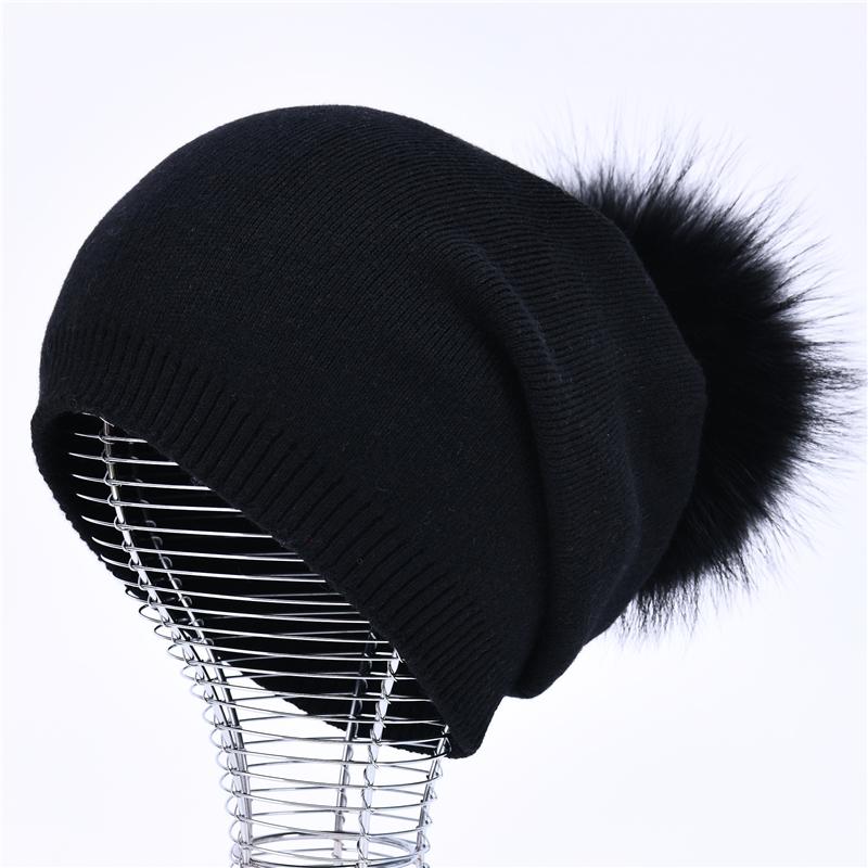 Real Raccoon Fur Pom Pom Knitted Hat Women Beanies Cashmere Winter Hat Female Girl Cotton Skullies Wool Beanie Hat