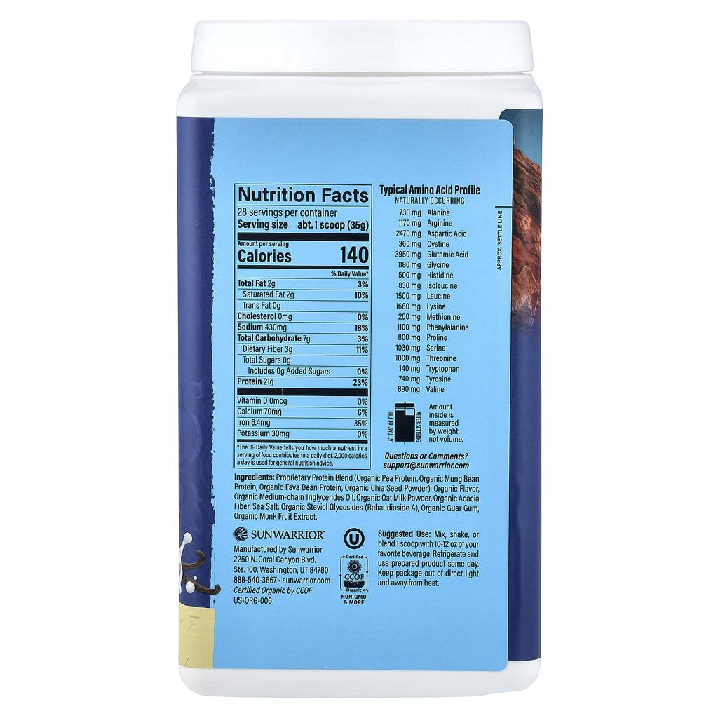 Sunwarrior, Plant-based Organic Protein, Vanilla Flavor, 993.8g (2.19lb)