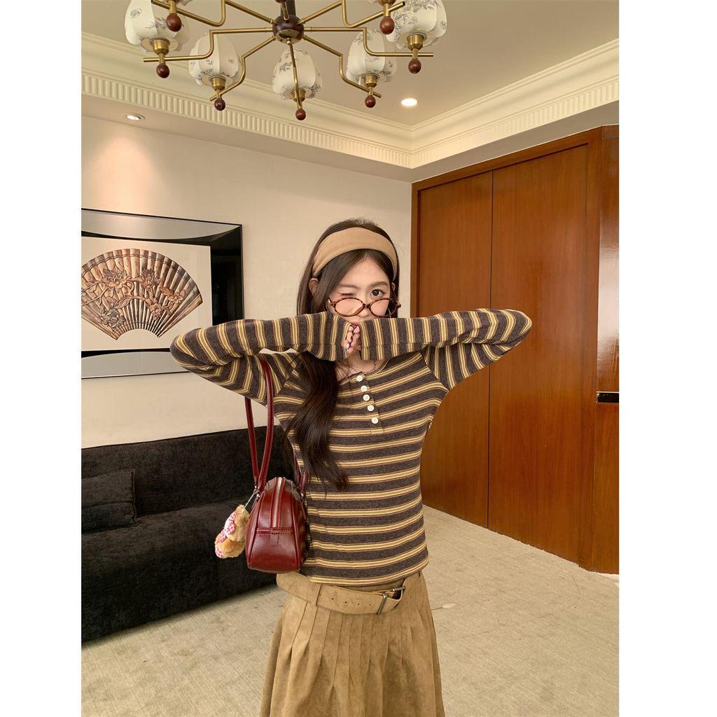 Women's Trendy Slim-Fit Striped Long-Sleeve T-Shirt for Autumn/Winter - Versatile Casual Inner Wear with Round Neck