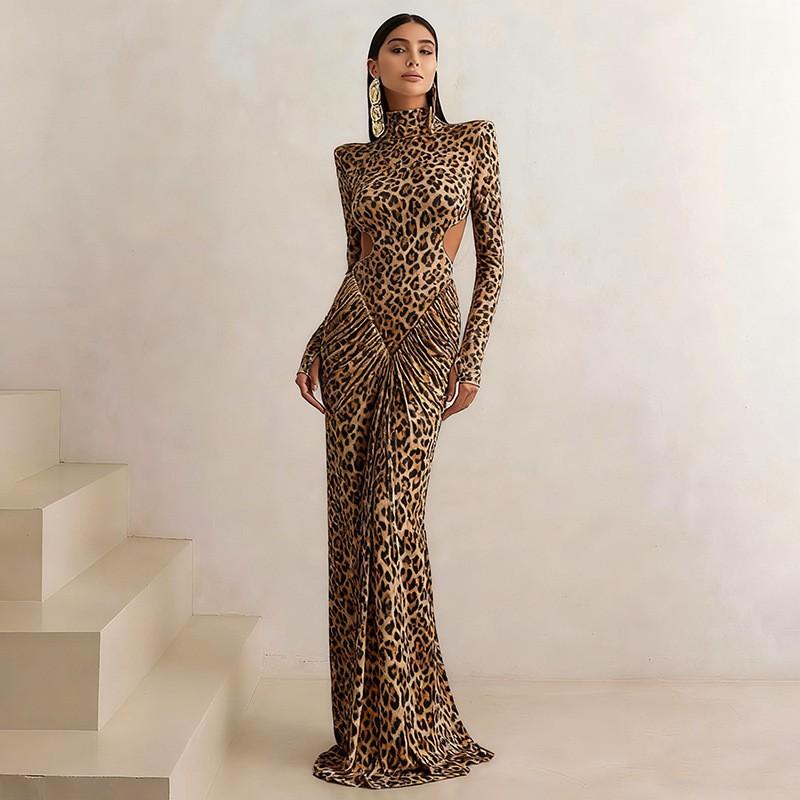 European American Style Women s Clothing Fashionable Sexy Backless High-collar Long-sleeved Temperament Printed Dress S
