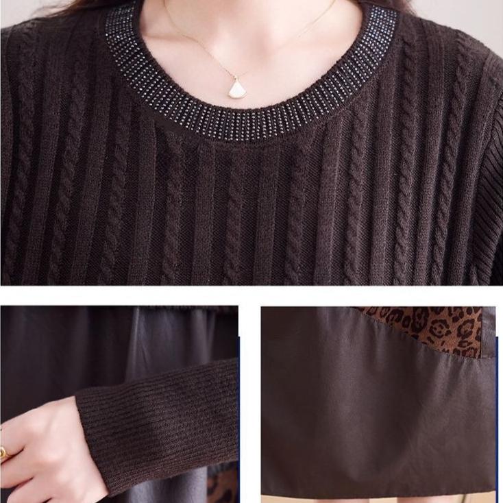 Women's long Sweater Dress Knitted Patchwork PU Leather A-Line Dress Plus Size Knitted Dress for Autumn and Winter ...