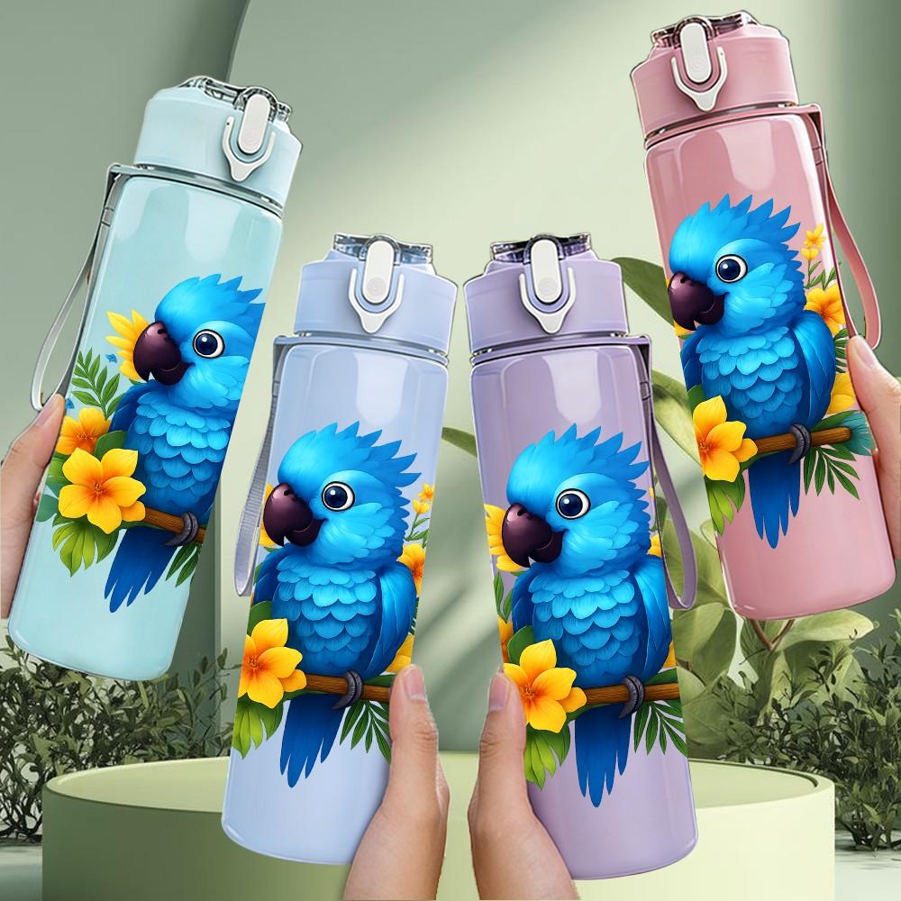 1PC Blue Parrot Flower 750ml Color Plastic Sports Water Bottle Leakproof Flip Straw Lid Suitable for Sports Office Home Use