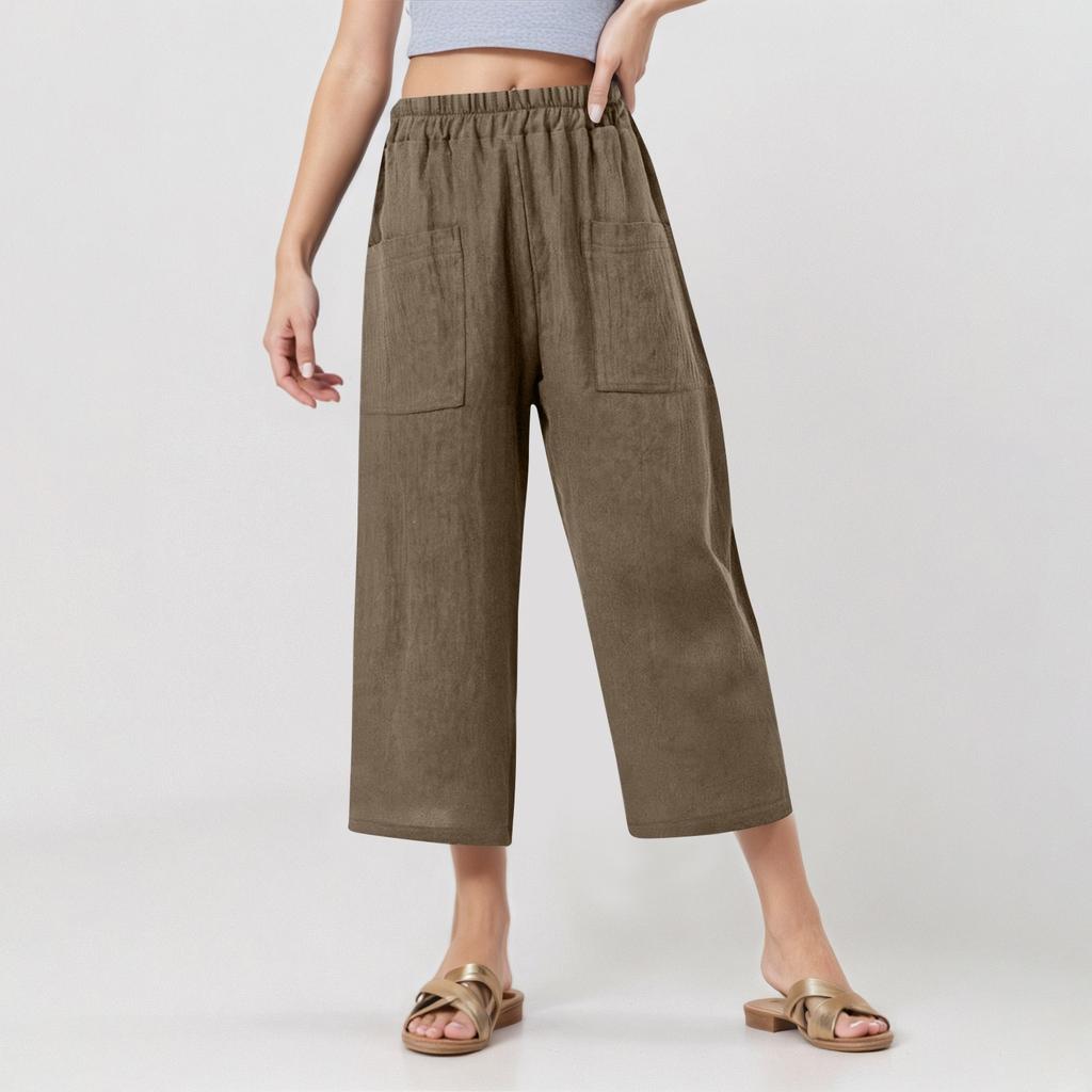 Damen Elastische Taille Cropped Hosen Lässige Baumwoll- und Leinenhosen