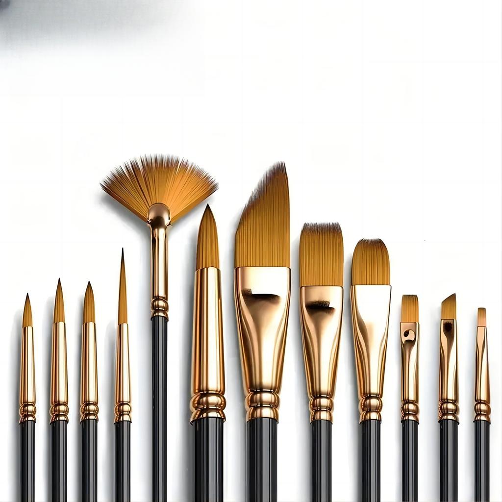 Set de 12 pensule cu peri din nailon, pensule plate din nailon, pensule pentru acuarelă, vopsea în ulei, artiști, pictură acrilică amatori