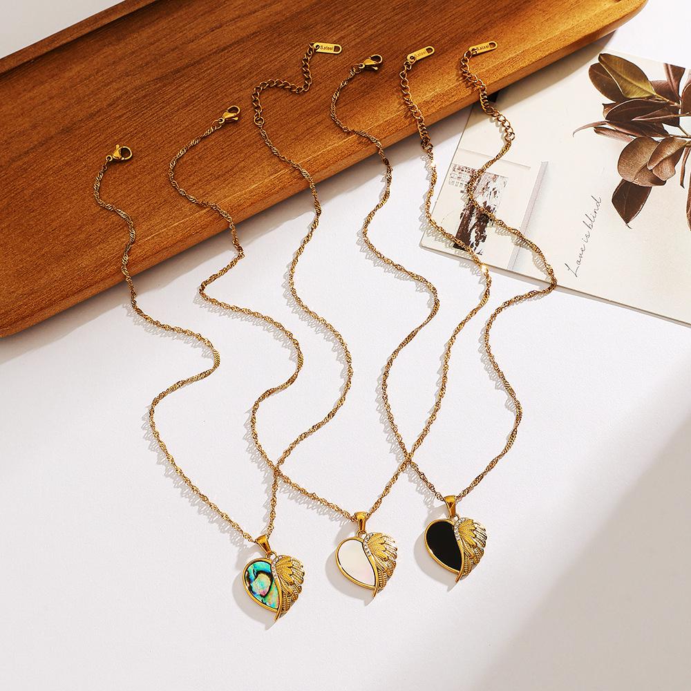 Waterproof 18K Gold-Plated Heart Pendant Necklace with Stainless Steel, White Mother of Pearl, and Abalone Shell