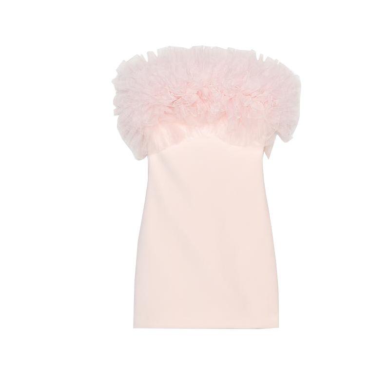 

Spring and Summer New Women s Clothing French Style Evening Dress Clothing off-the-Shoulder Straight Collar Fluffy Silk Net Short Dress 4772334 Pale pink L