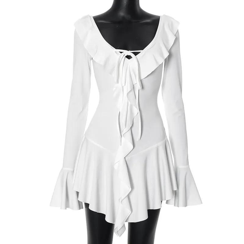 Temperament Slim Fit Ruffled Solid Color Trumpet Long Sleeves Tie Dress For Women