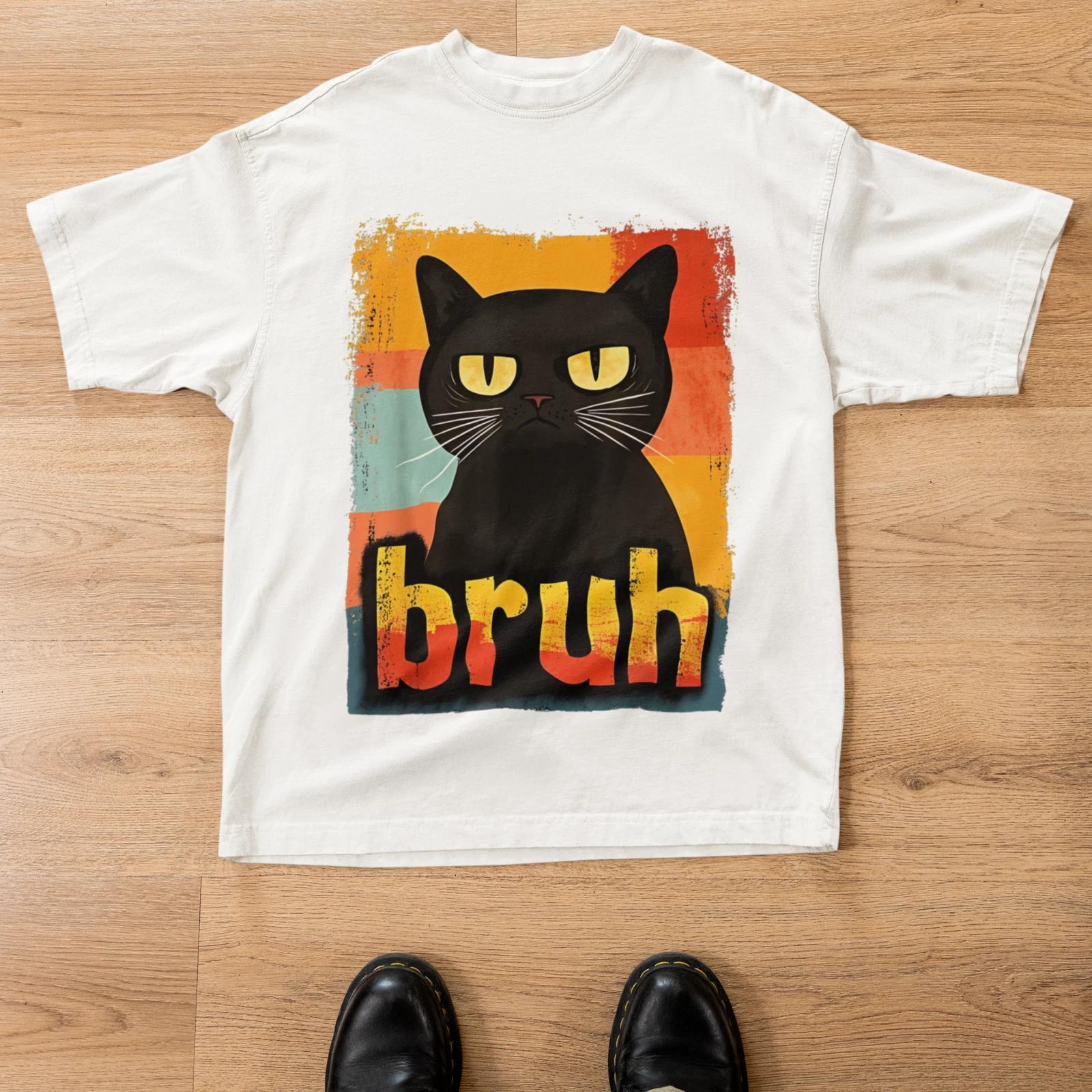 Grumpy Black Cat Bruh Shirt Funny Cat Retro Vintage Graphic Tee L