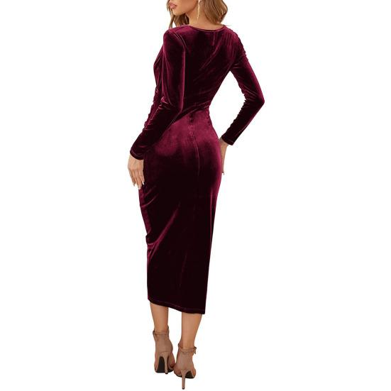 Damen Langes Kleid Herbst Winter Sexy V-Ausschnitt Schmale Taille Hüftumspielend Vintage