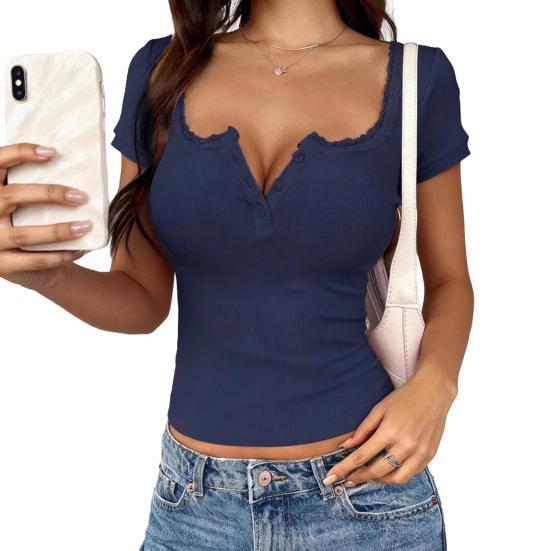 

Women Tops Slim Fit Square Neck Rib Knitted Shirt Pure Color Short Sleeve Lace Splicing Stretchy Tops with Buttons Detail Daily Wear S