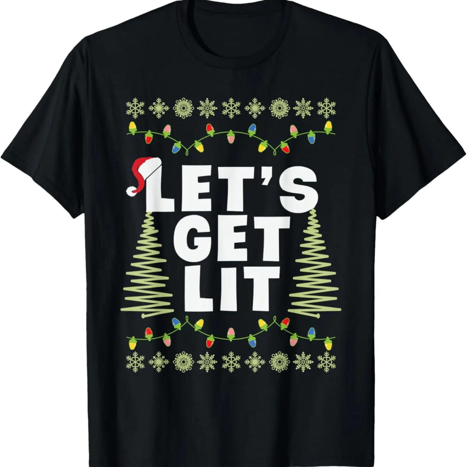 Let s Get Lit Adult Christmas Hat Xmas PJ costume T-Shirt S чёрный