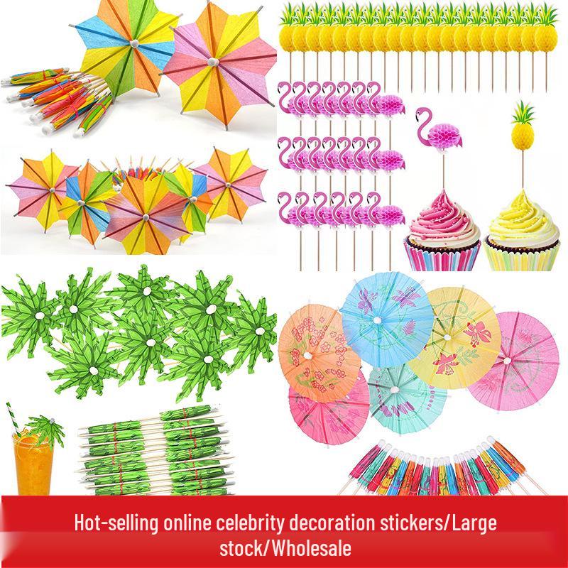 Cocktail Umbrella Set: Watermelon, Coconut Tree, Honeycomb Fruit, Flamingo, Pineapple Decorations