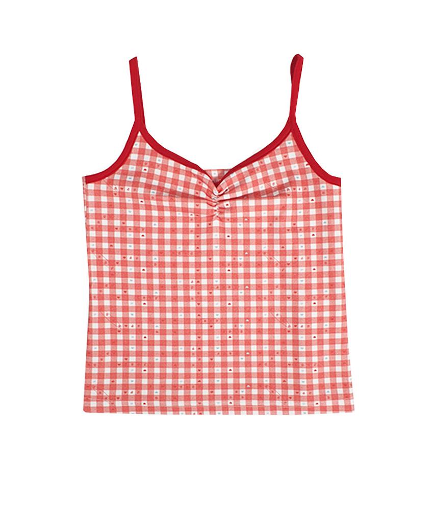 ESCAPEFROM Love Check Pattern Full Print Shirring Point Color Block Sleeveless Red