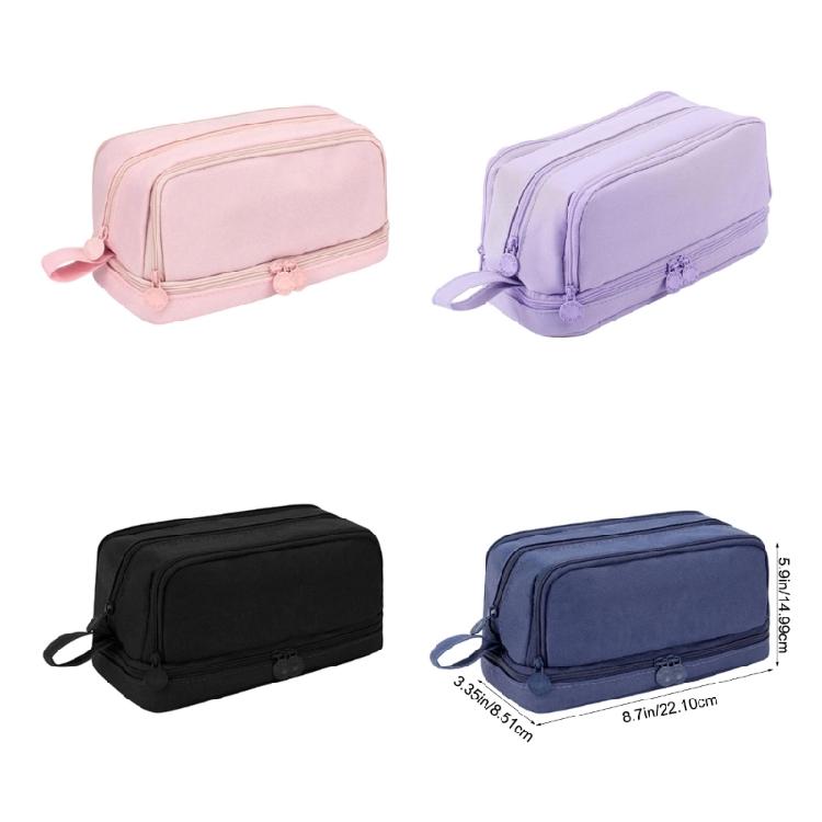 Double Layers Pencil Bag Large Capacity Pencil Case Pen Case Solid Color Pen Bag Pencil Organisers