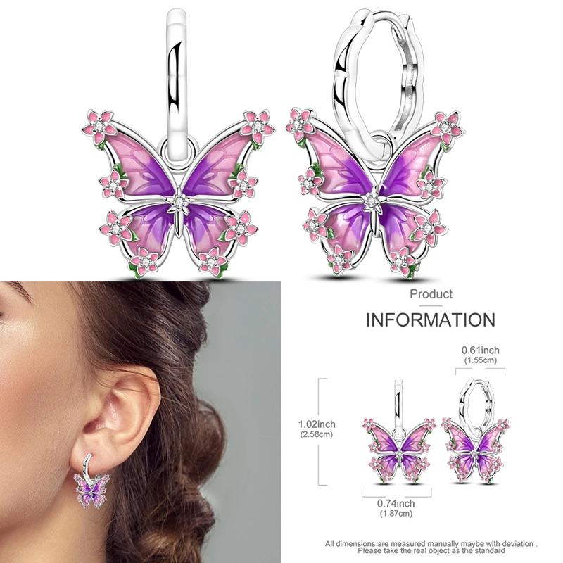 925 Sterling Silver Purple Series Feather Butterfly Dream Catcher Firefly Zircon Earrings for Women Luxury Jewelry Wedding Gift