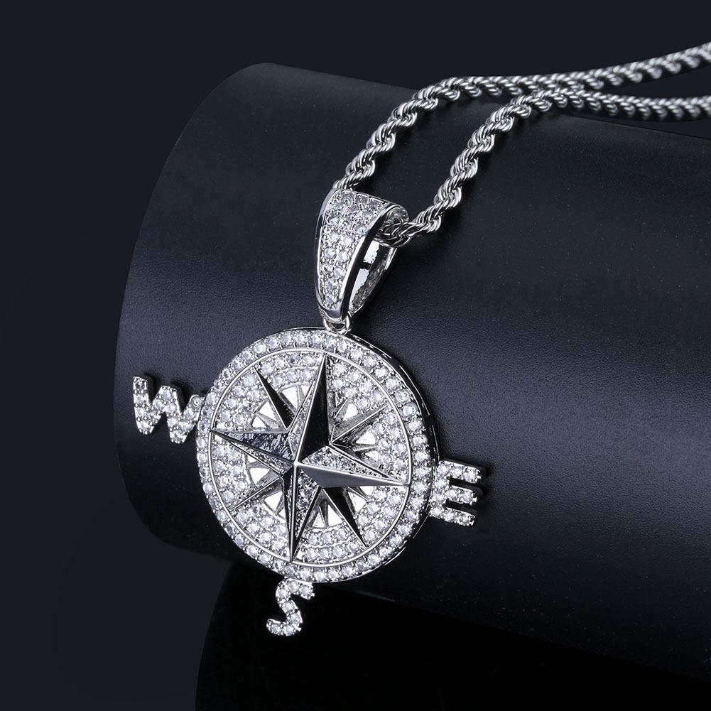 European and American Compass Compass Shaped Personalized Pendant Full of Zircon Trendy Brand Mens Necklace Accessories