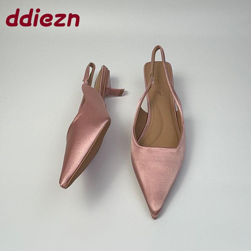 Fashion Fashion Silk Women Medium Heels Sandals Shoes Female Pointed Toe Footwear Shallow Ladies 3.5CM Heels Sandals Slip On Shoes Pumps
