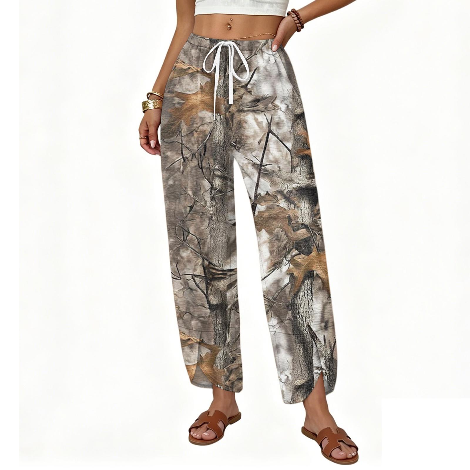 Women Camouflage Fleece Cargo Pants High Waisted Wide Leg Drawstring Jogger Sweatpants Baggy Casual Lounge Trousers S