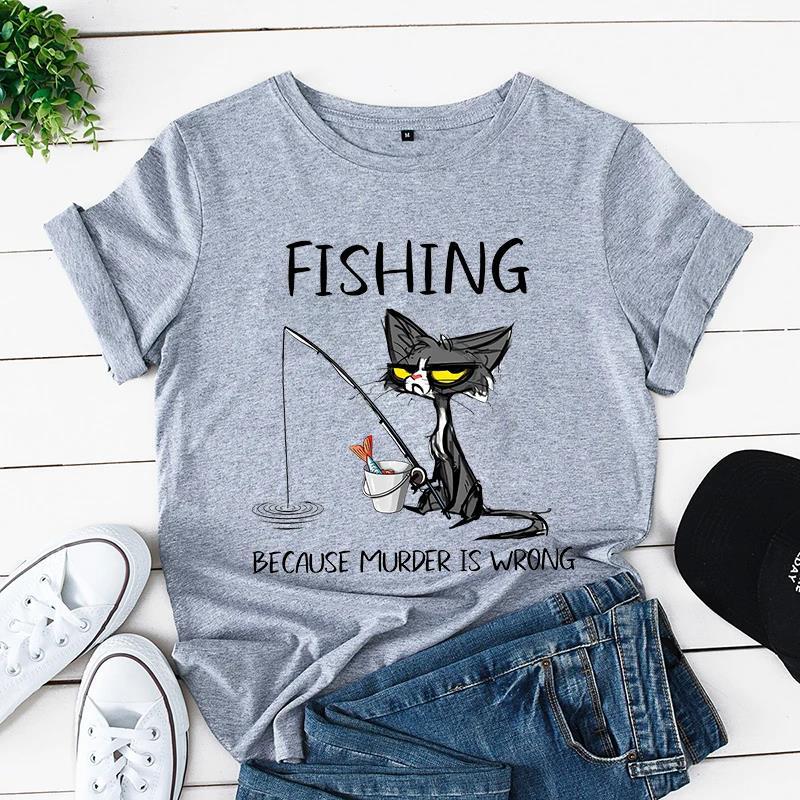 Sommer Kurzarm T-Shirt bedruckt mit Schwarzer Katze Gartenarbeit Lässig Lockeres Oberteil, Modische Reine Baumwoll-T-Shirts Damen