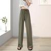 Women Ice Silk Pants Elastic High Waist Adjustable Drawstring Straight Wide Leg Pants Solid Color Long Trousers Daily Wear