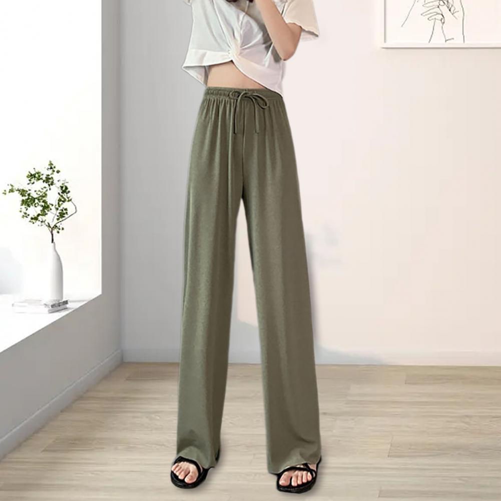 Women Ice Silk Pants Elastic High Waist Adjustable Drawstring Straight Wide Leg Pants Solid Color Long Trousers Daily Wear