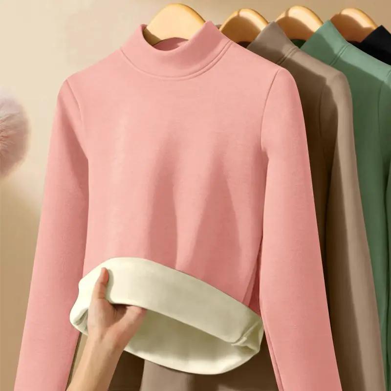 Women Thicken Half Turtleneck Bottom Shirt Double Sided Fleece Lined Warm Tops Delong Inner Wear Slim Long Sleeve Pullover Top