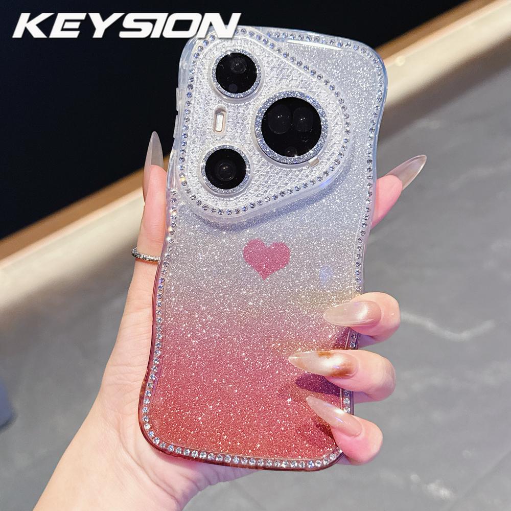 KEYSION Gradient Love Heart Wavy Phone Case for Huawei Pura 70 80 Pro 80 70 Ultra Glitter Jewelled Lens Protector Shockproof Cover