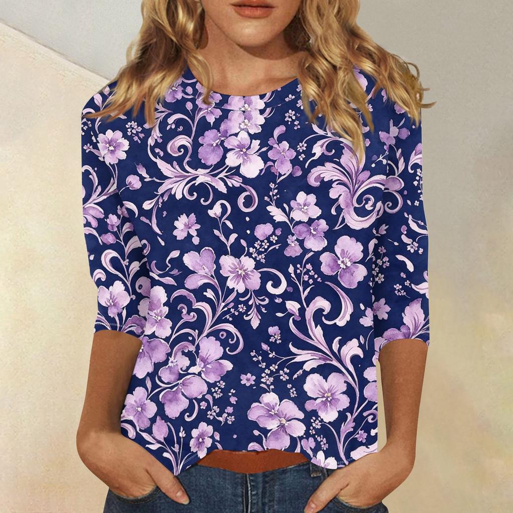 Women's Casual Floral Print Three Quarter Sleeve Top Round Neck Blouse Lightweight Comfortable Fit Suitable for Everyday Wear
