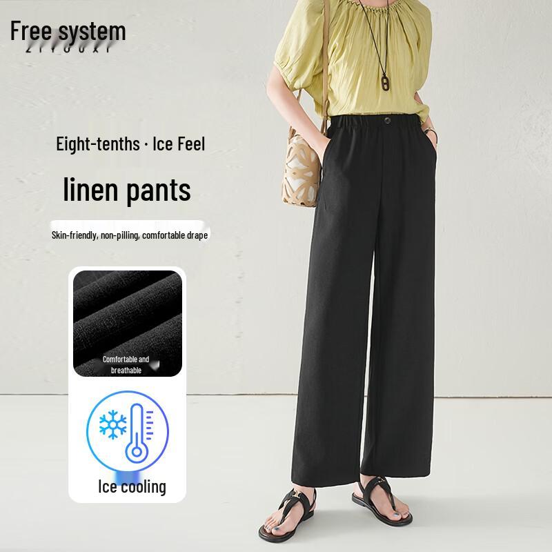 Women s High-Waist Linen Blend Cropped Wide-Leg Pants L