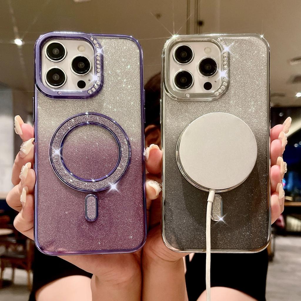 Applicable To IPHONE16 Flash Powder Magnetic Suction Mobile Phone Case Gradient Apple 15 ProMax Diamond 14 Electroplating Protective Case