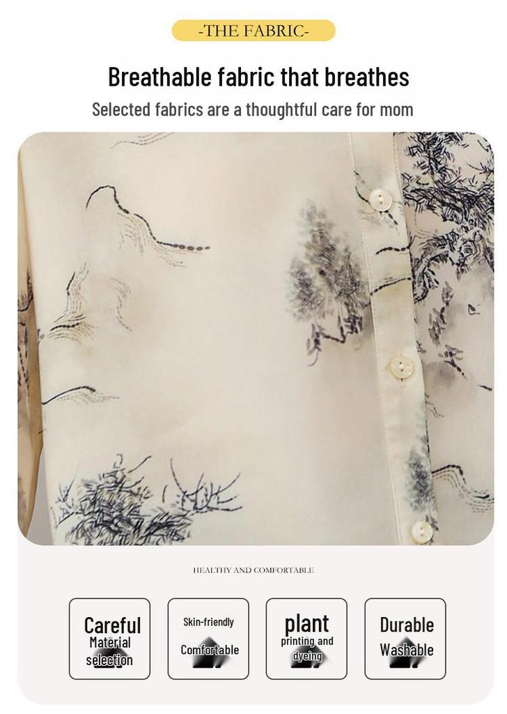 2026 Summer Seven-Sleeve Printed Imitation Silk Lapel Shirt for Women