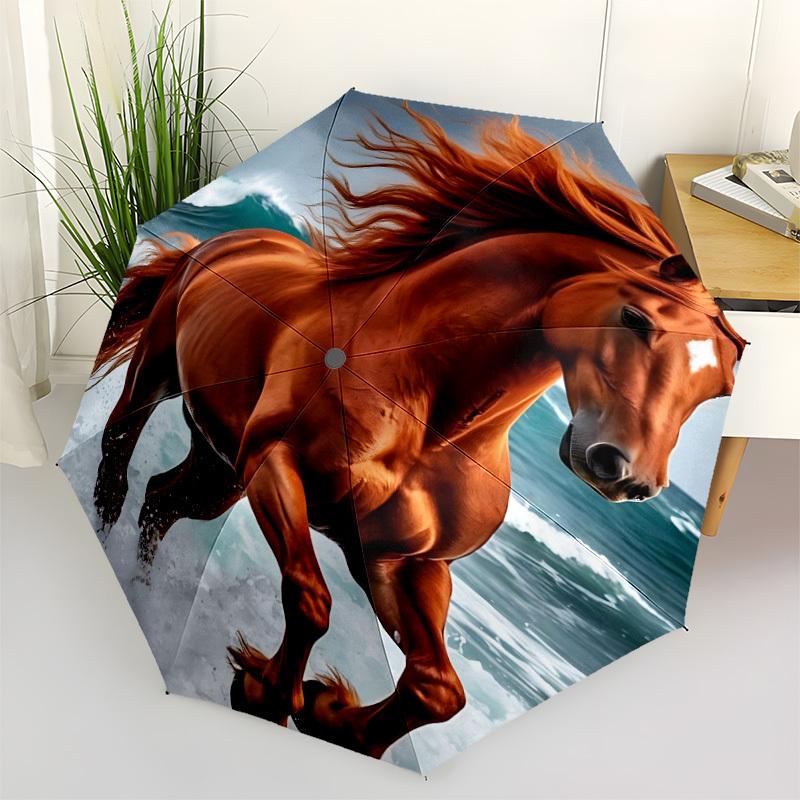 1pc Ocean Horse Automatic Folding Umbrella Portable Collapsible 8-Rib Umbrella for All Seasons, Casual Outdoor Accessory, B61