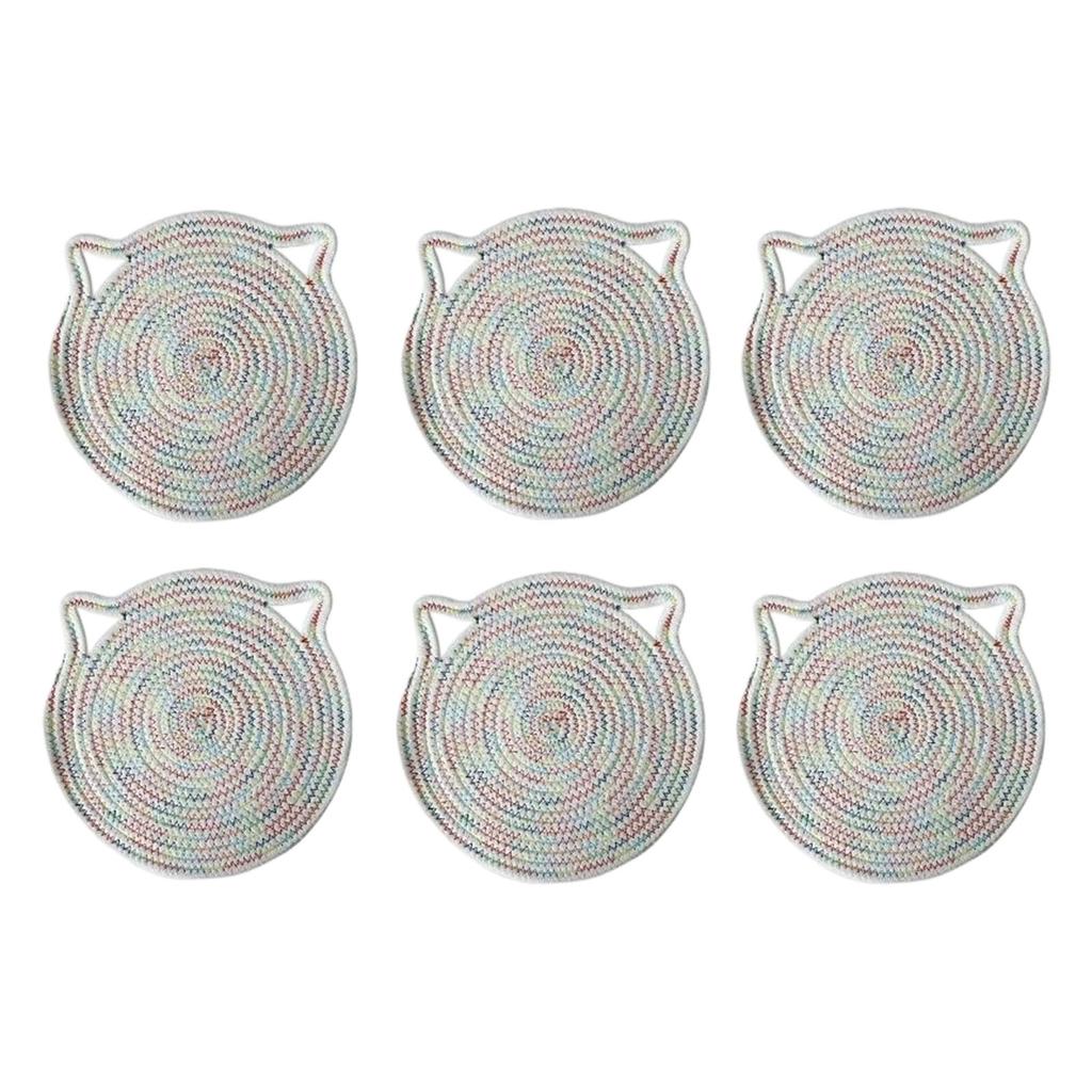 6Pcs Heat Resistant Table Mats with Cute Cats Ear Design for Pot and Bowls Washable Fabric Braided Cotton Cup Coasters