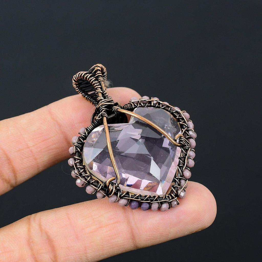 Heart Shape Pink Kunzite Gemstone Handmade Copper Wire Wrap Jewelry Pendant For Love