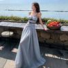 French blue v-neck mesh suspender dress women's summer seaside vacation temperament waist halter long skirt