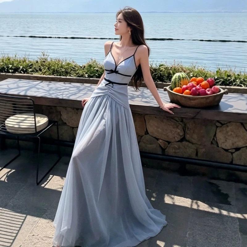 French blue v-neck mesh suspender dress women's summer seaside vacation temperament waist halter long skirt