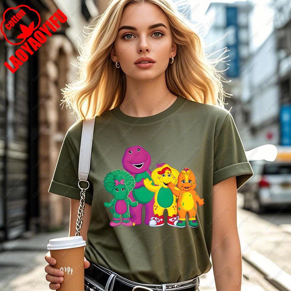 Kawaii Cartoon Animation Dinosaur Barney  Friends Print Unisexs Womens Cotton Tshirt Fashion Trend Street Casual Summer Tops