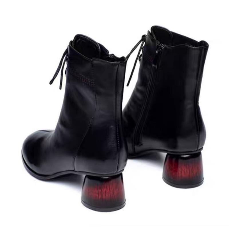 fashion Women Pointed Toe Ankle Boots Brand New Mid Heels Leather Shoes Casual Walking Shoes Woman Winter 2024 Trend Lace Up Botas Mujer