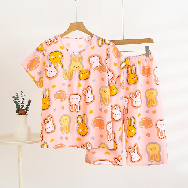 Summer Short-sleeved Home Wear Set, Women's Thin Round-neck Top, Shorts, Two-piece Loose Pajamas