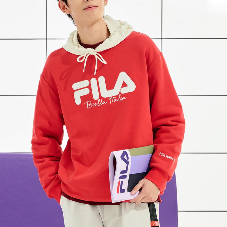 FILA Fleece Logo Casual Loose Pullover Long Sleeve Sweatshirt Unisex sweatshirt Legendary-Red F51U249299FRD