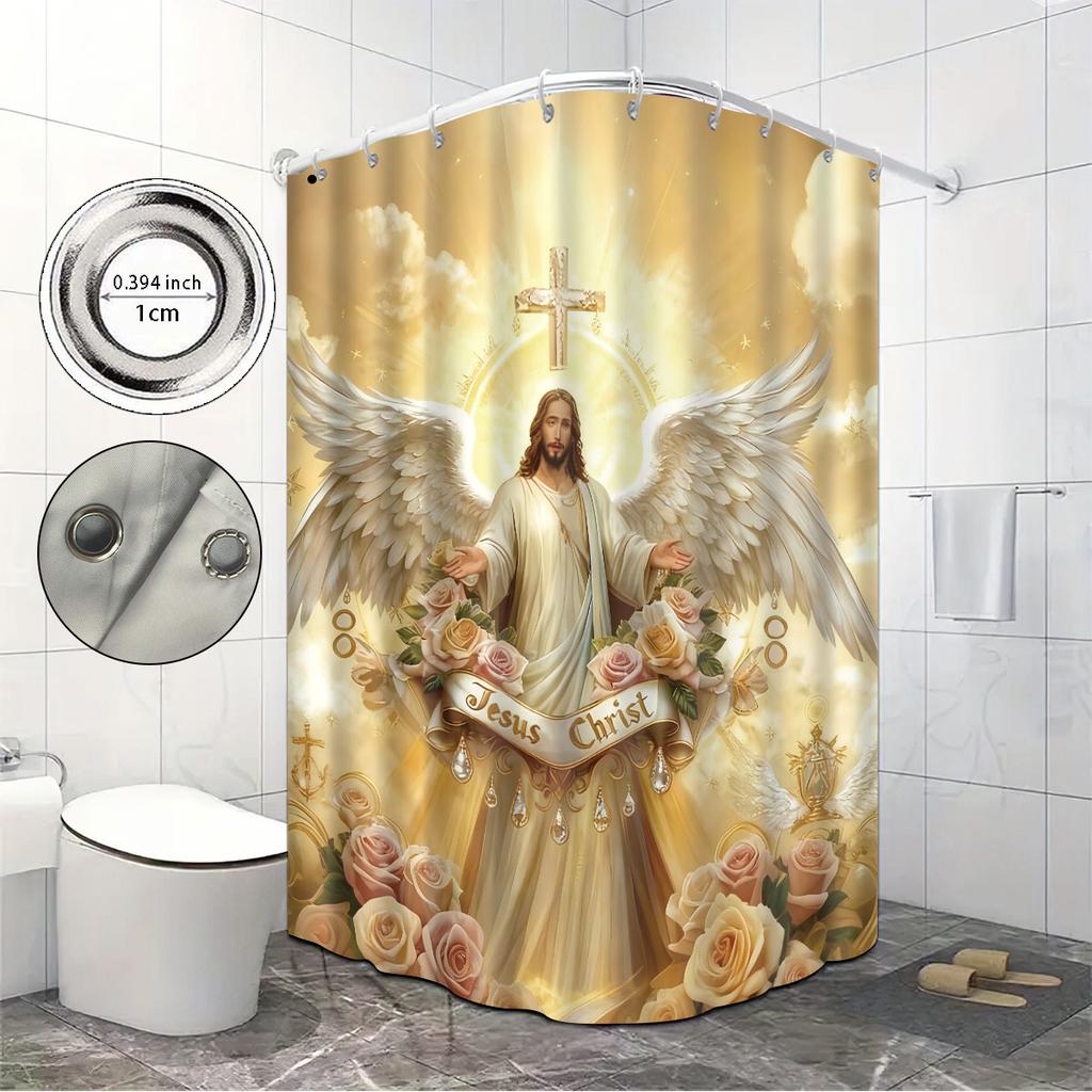 1Pc Holy Jesus Print Waterproof Shower Partition Privacy Hanging Curtain With 12 Hooks, Multiple Sizes Easy Installation
