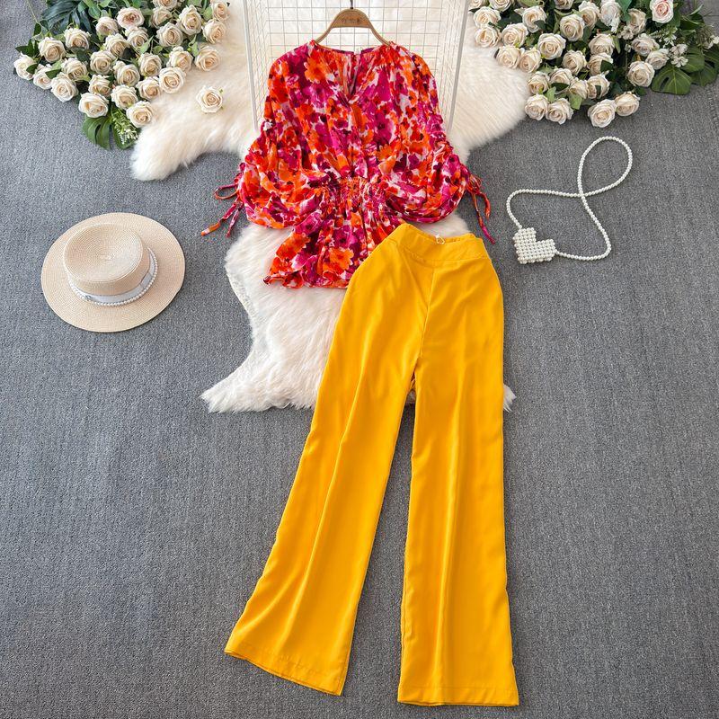 Fashion Short Sleeve V Neck Waist-Tight Straight-leg Fashion Suit