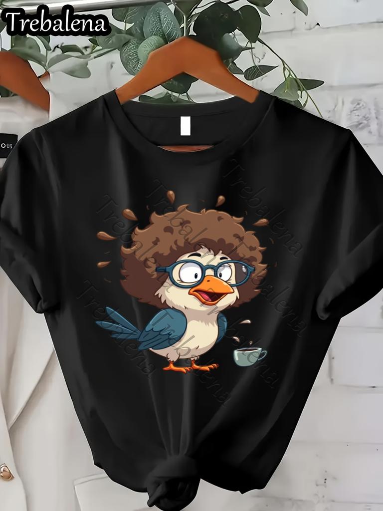 Women's Funny Bird Graphic T-Shirt Cute Fluffy Bird with Expressive Eyes Soft Everyday Casual Tee Lightweight Warm Weather Shirt