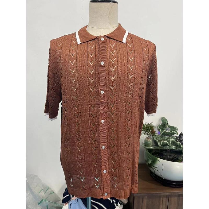 Mens Short Sleeve Knit Polo Shirt Color Block Contrast Collar Button Down Textured Casual Top For Summer