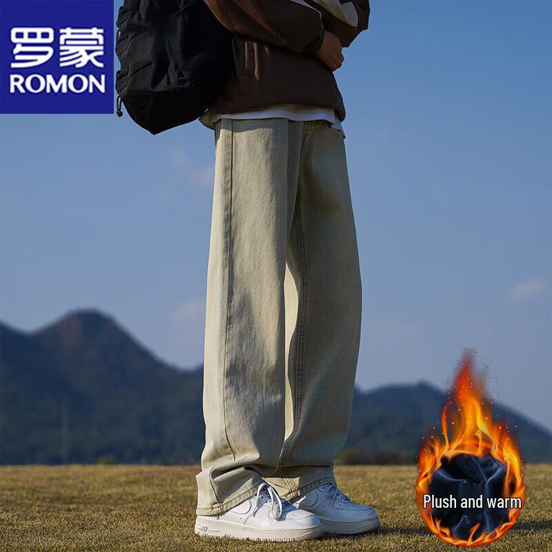 

ROMON Men s Autumn/Winter Windproof Fleece-Lined Straight-Leg Jeans 3XL